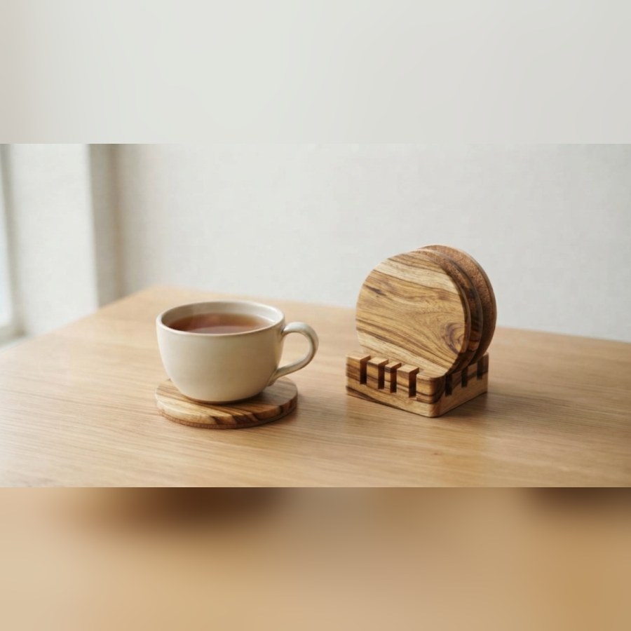 Acacia Coaster Set with Holder — 4 Pieces