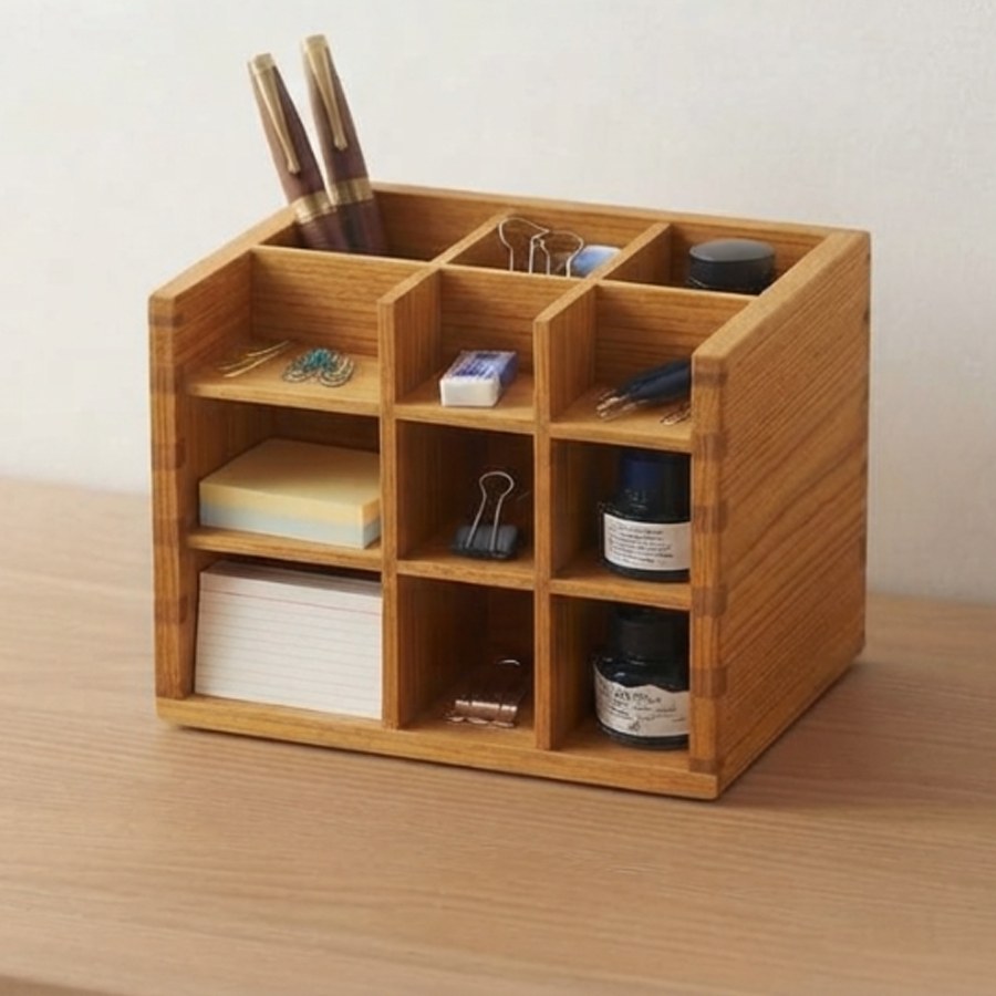 Teak Cubby Desk Organizer — 9 Compartments