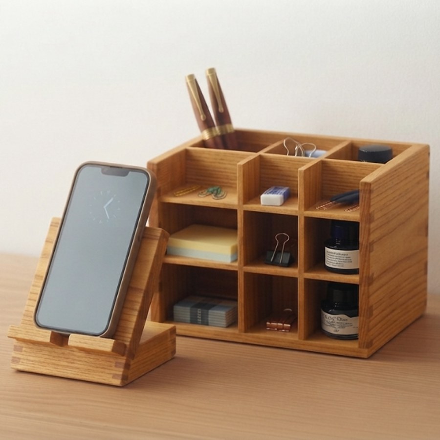 Teak Desk Set — Cubby Organizer + Phone Stand