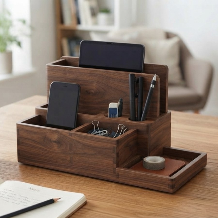 Walnut Stepped Desk Organizer — Tablet, Phone & Pens